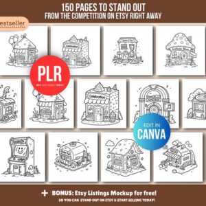 Libro para colorear de tienditas – 150 páginas (PLR) + plantilla editable en Canva con derechos de reventa