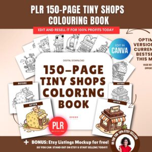 Libro para colorear de tienditas – 150 páginas (PLR) + plantilla editable en Canva con derechos de reventa