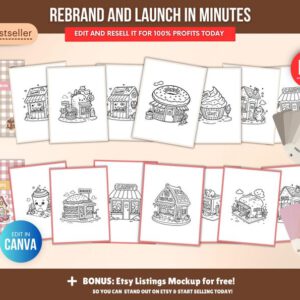 Libro para colorear de tienditas – 150 páginas (PLR) + plantilla editable en Canva con derechos de reventa