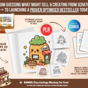 Libro para colorear de tienditas – 150 páginas (PLR) + plantilla editable en Canva con derechos de reventa